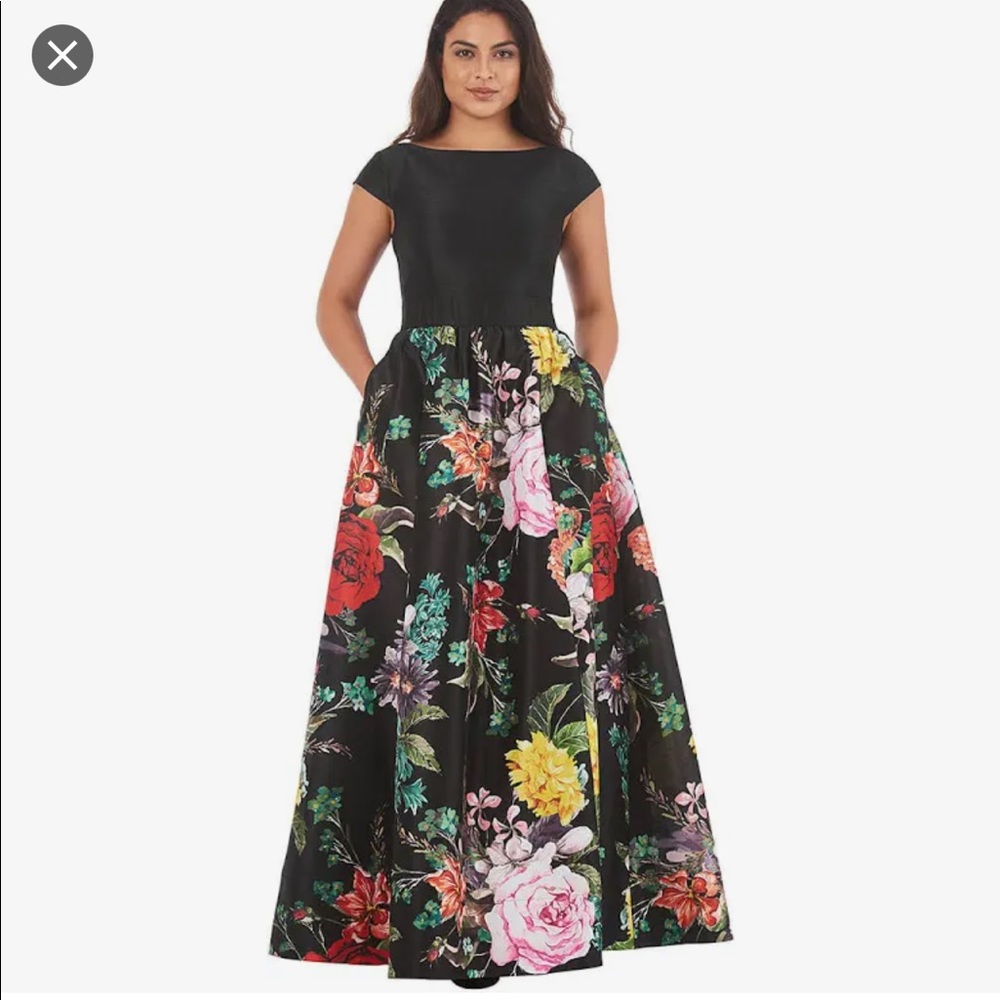 Eshakti black floral maxi formal dress NWOT